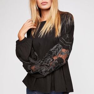 Free People Embroidered Penny Tee Black